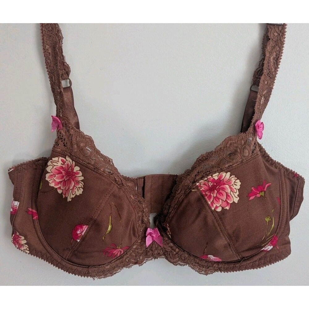 Y2K Sophie B Bra Brown Pink Floral Lace Padded Underwire Adjustable Straps 36DD
